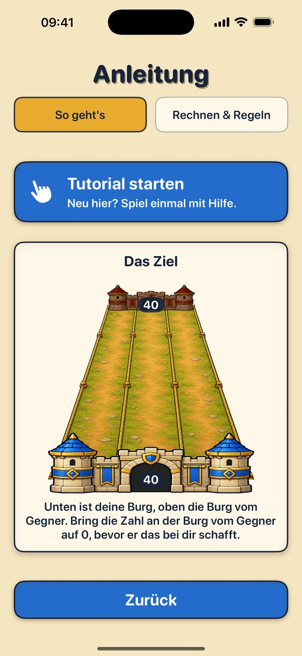 Bildschirmfoto der Anleitung, Teil „So geht's“, mit dem Knopf „Tutorial starten“ und dem Ziel: die eigene Burg unten, die Burg des Gegners oben