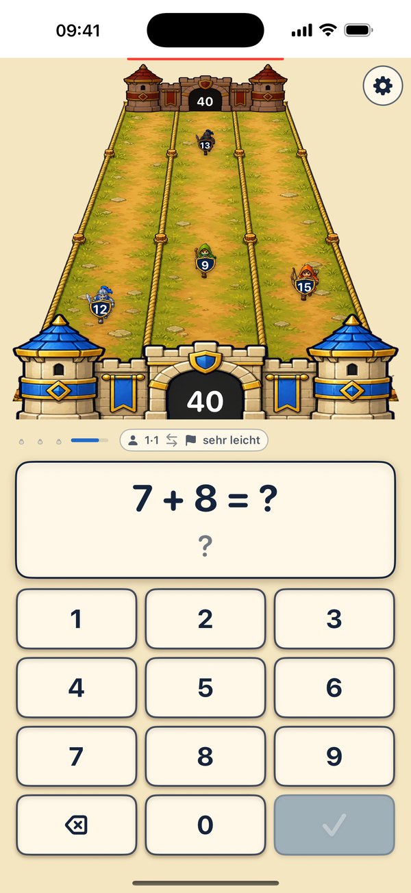 Bildschirmfoto: die Aufgabe 7 + 8 = ? über einer Zifferntastatur, darüber das laufende Spielfeld mit drei Wegen