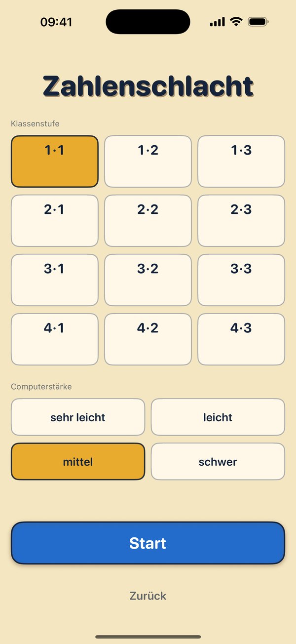 Bildschirmfoto: Auswahl der Klassenstufe von 1·1 bis 4·3 und der Computerstärke von sehr leicht bis schwer