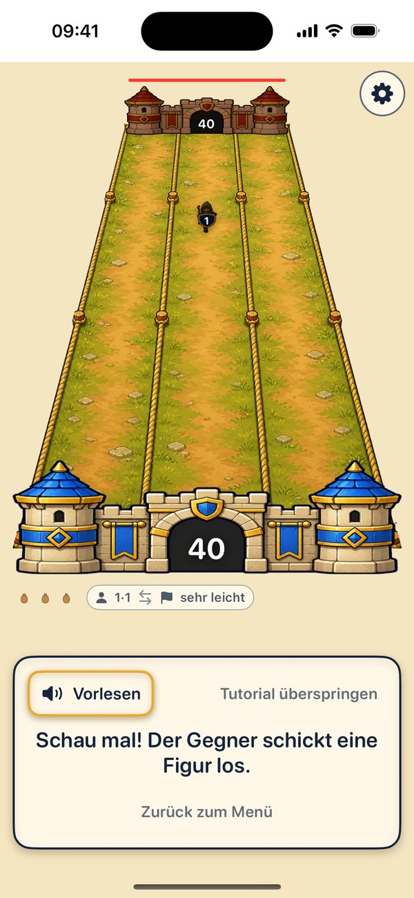 Bildschirmfoto aus dem Tutorial, Schritt 2: Das ganze Spielfeld mit drei Wegen, oben die Burg vom Gegner, unten die eigene. Auf dem mittleren Weg läuft eine Figur vom Gegner los. Der Hinweis lautet: „Schau mal! Der Gegner schickt eine Figur los.“
