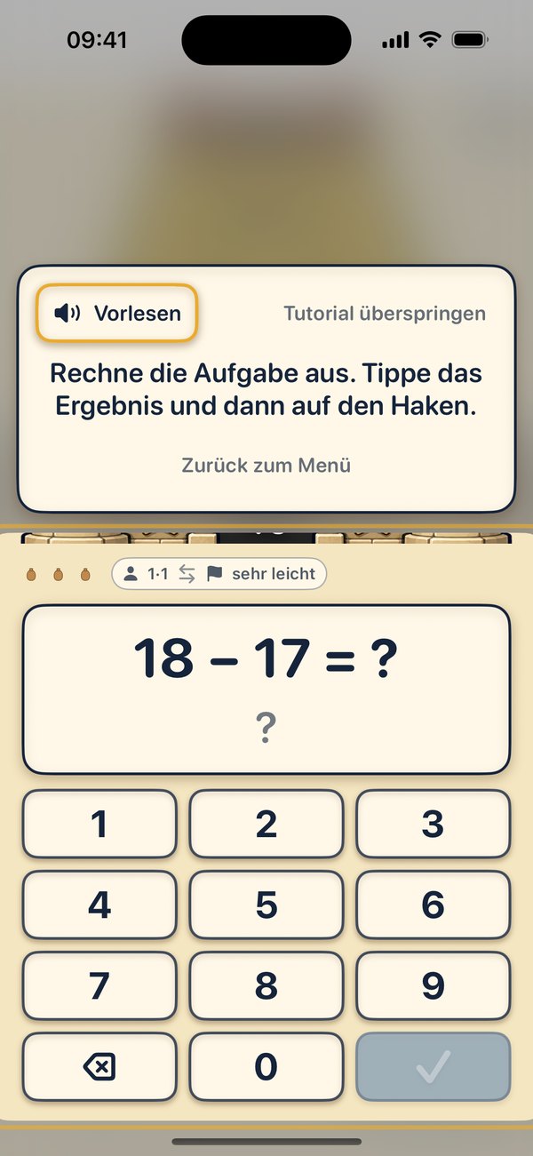 Bildschirmfoto aus dem Tutorial, Schritt 3: Die Aufgabenkarte „18 – 17 = ?“ und das Zahlenfeld sind hell hervorgehoben. Der Hinweis lautet: „Rechne die Aufgabe aus. Tippe das Ergebnis und dann auf den Haken.“